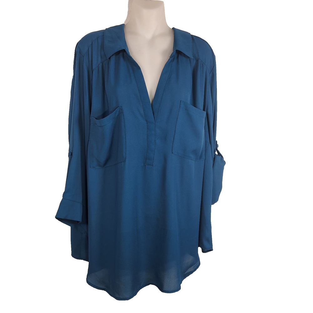 Torrid Womens Harper Georgette Pullover 3/4 Sleeve Blouse Size 3X Teal Pockets